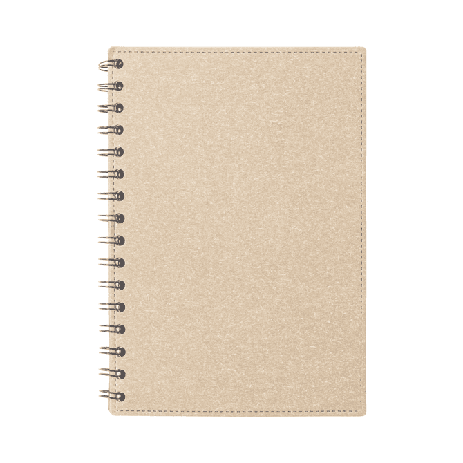 A beige spiral-bound notebook featuring a textured cover and black metal binding.