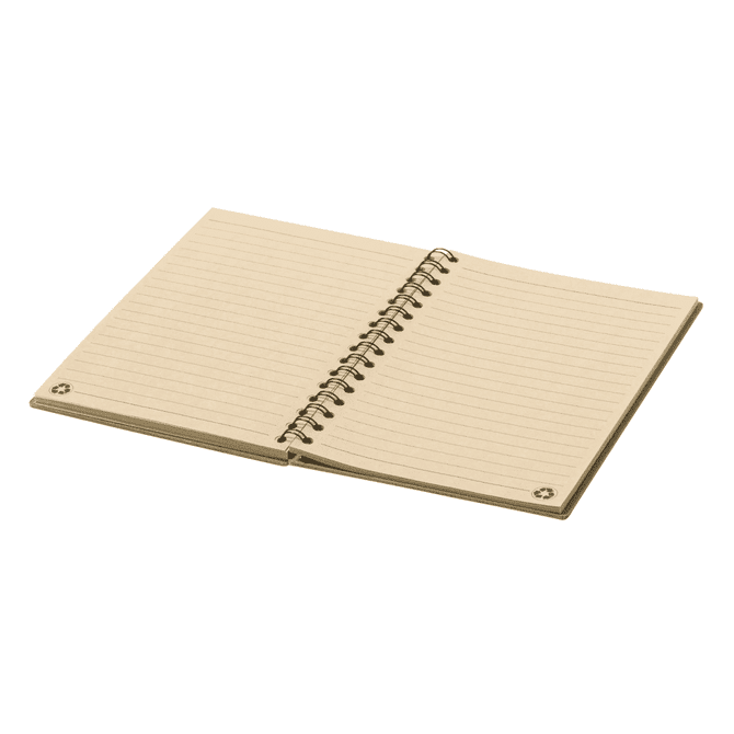 A spiral-bound notebook with lined pages and a beige cover, featuring an embossed logo.