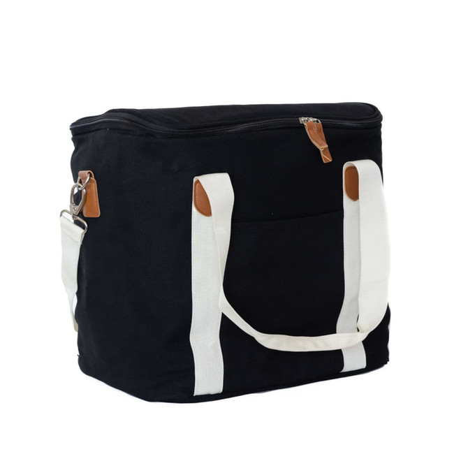 A black cooler bag with white straps and a zippered top, featuring a front pocket and a logo.