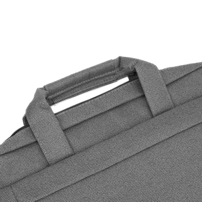 A grey essential laptop bag featuring a sturdy handle and a textured finish. It includes a logo on the surface.