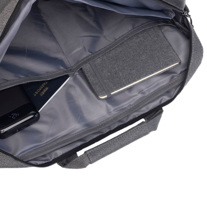 A grey laptop bag interior featuring a phone, passport, and notebook in separate compartments.