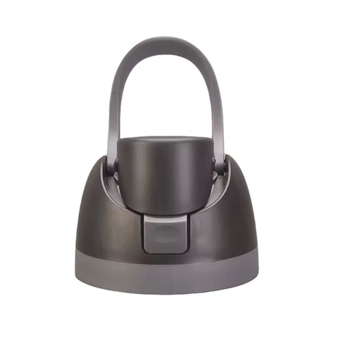 A drink bottle with a grey and black design, featuring a handle and a secure lid. It has a logo on the surface.