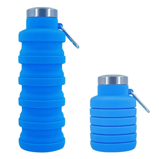 A drink bottle duo in blue, featuring a collapsible design with a metallic cap and an attached carabiner for convenience.