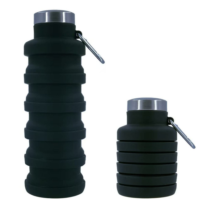 A drink bottle set featuring a collapsible design in black silicone and stainless steel accents, including a carabiner.