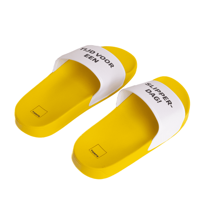 Yellow PVC slides with white straps featuring text, showcasing a casual and vibrant design.