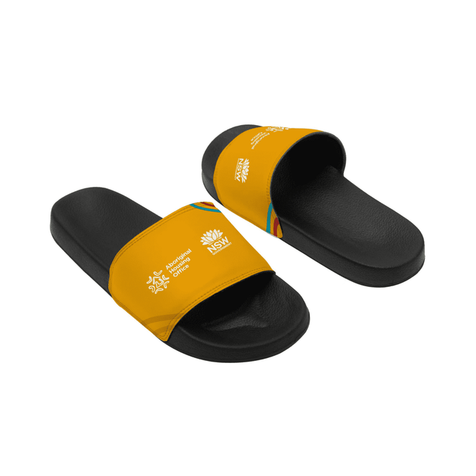Yellow PU sublimated slides with a black base, featuring a logo on the strap.