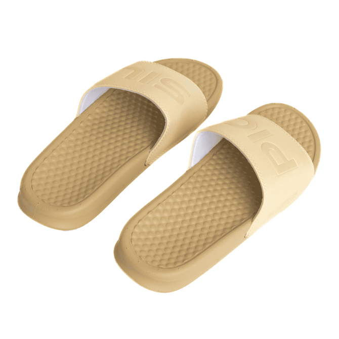 PU debossed slide sandals in a light beige colour with a pebble-styled sole. Features a wide strap and textured footbed.