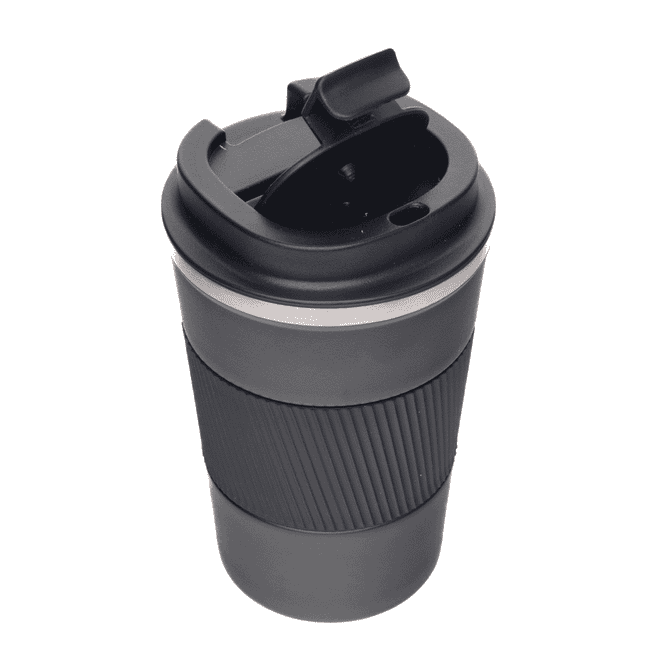 A drink bottle featuring a black exterior, textured grip, and a spill-proof lid. It has a logo on the side.
