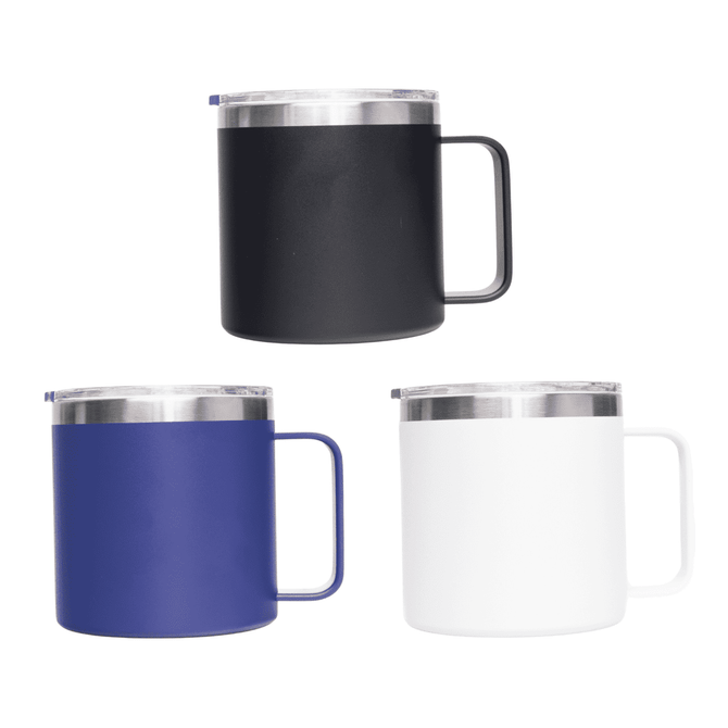A 400ml coffee mug set featuring black, blue, and white colours, with a metal lid and handle. Each mug has branding.