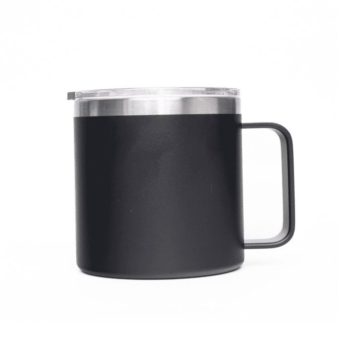 A black 400ml coffee mug with a stainless steel lid and handle. Features a branding logo.