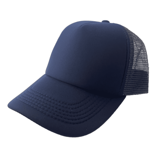 A navy blue half mesh nylon foam trucker cap with a curved peak and mesh back. It features a logo on the front.