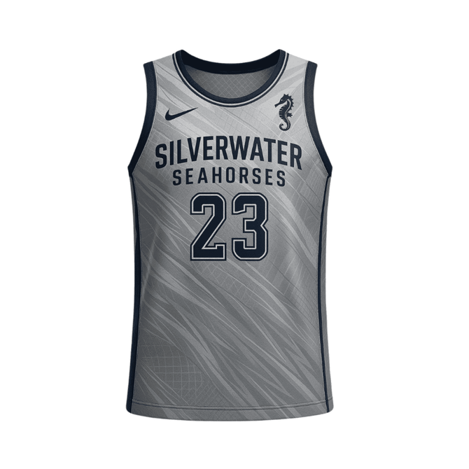 A grey sublimated basketball top featuring a seahorse logo and the text "Silverwater Seahorses" with the number 23.