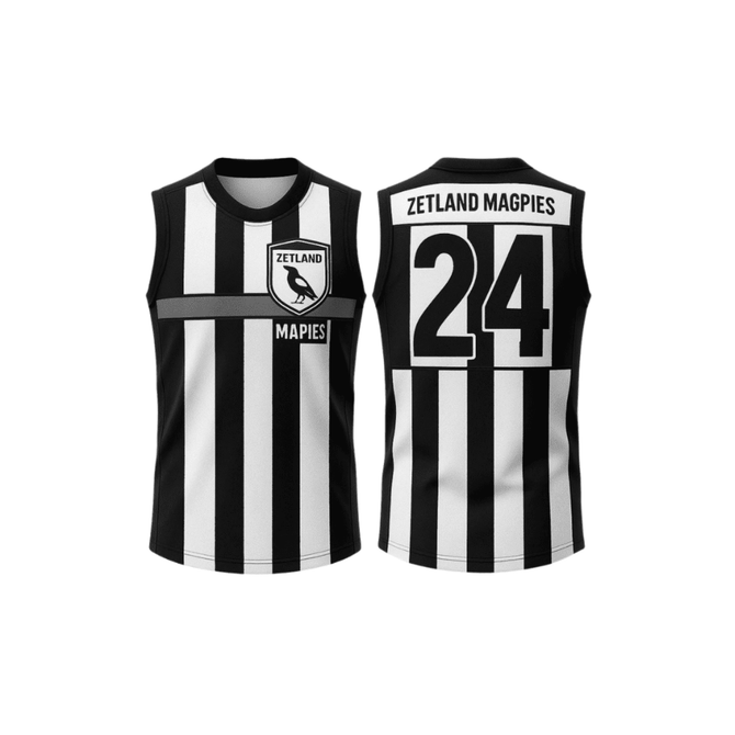 A black and white striped AFL jersey with a logo and the number 24, featuring a sleeveless design.