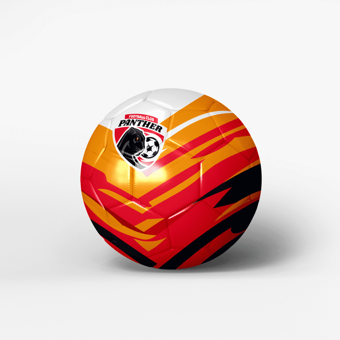 A soccer ball featuring a vibrant design in red, orange, and yellow with a logo.