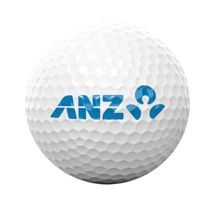A white golf ball featuring a blue logo. The ball has a dimpled surface typical of golf balls.