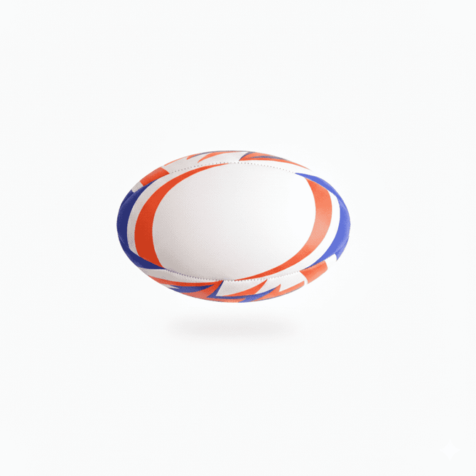 A rugby ball featuring a vibrant design in blue, red, and white with a logo. Ideal for outdoor sports.