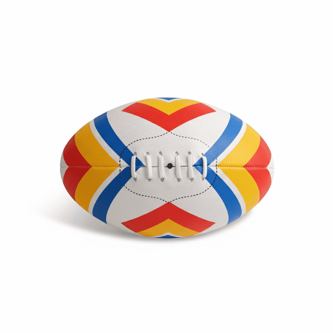 A colourful AFL ball featuring red, yellow, blue, and white patterns with visible stitching.