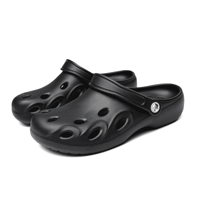 Black clog slides with ventilation holes and a strap, featuring a logo on one side.