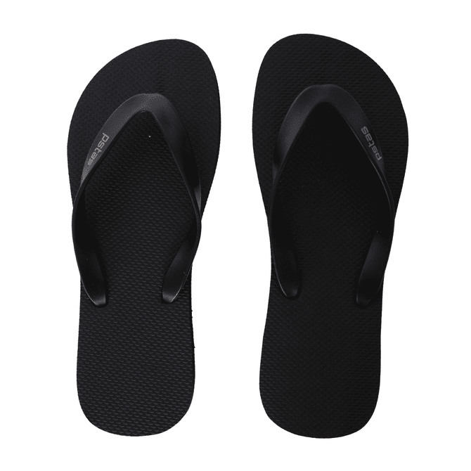 A pair of black rubber thongs with a textured footbed and a logo on the straps.