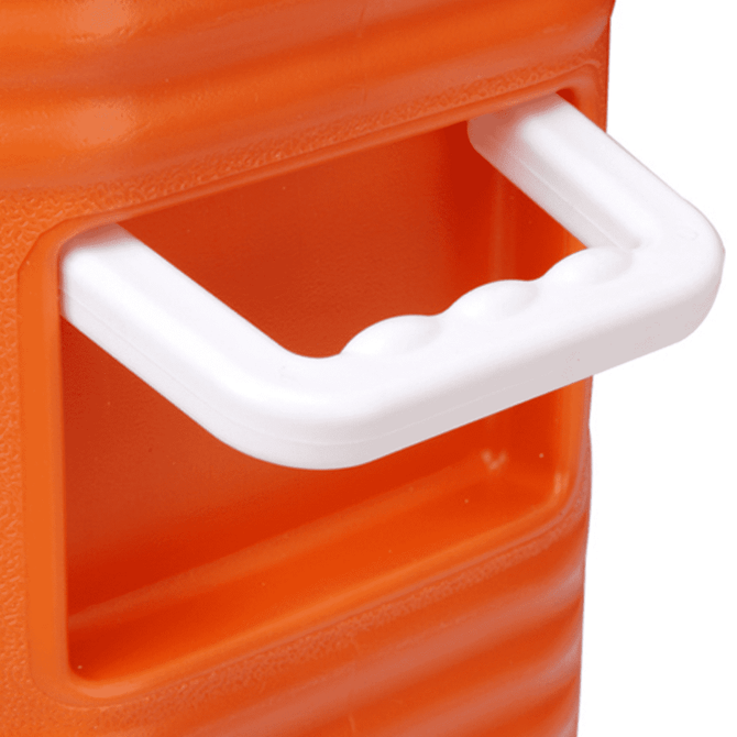 An orange water dispenser cooler box featuring a white handle for easy carrying. It has a simple, textured design.