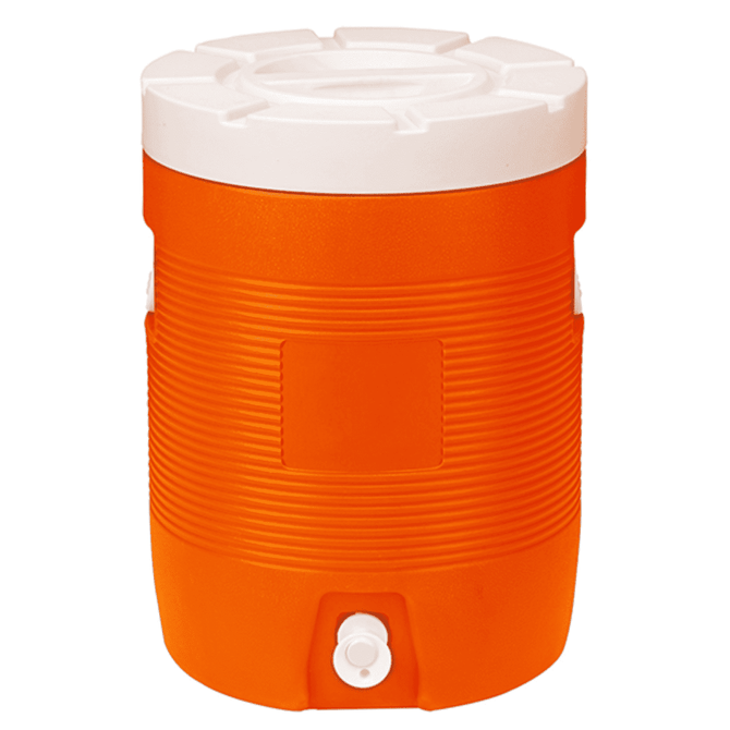 An orange 28L water dispenser cooler box with a white lid and a spout at the bottom. It has a logo on the side.