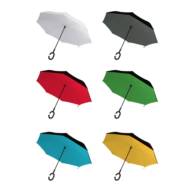 Six inverted umbrellas in white, grey, red, green, teal, and yellow, each with a black handle and a logo.