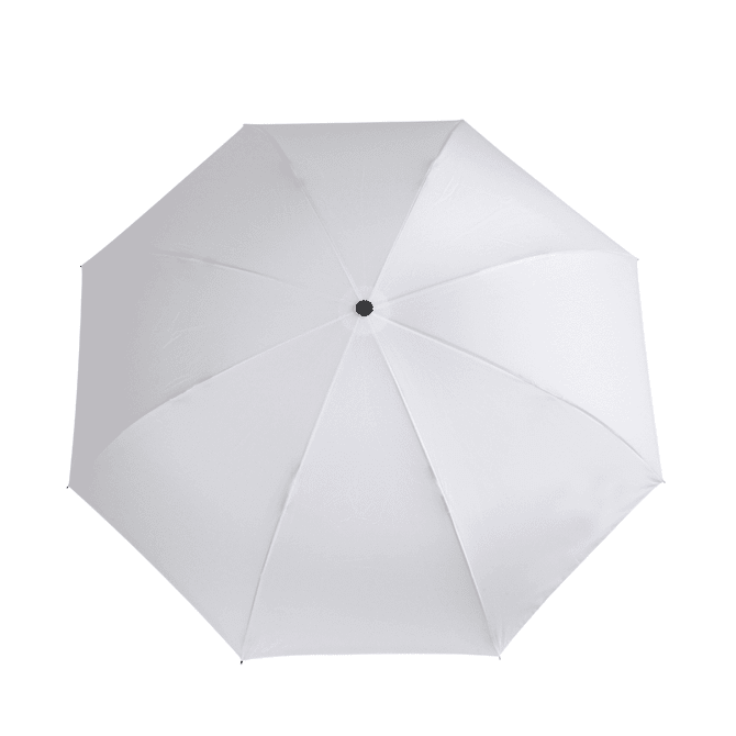 A white inverted umbrella with a black centre button, featuring a sleek, simple design.
