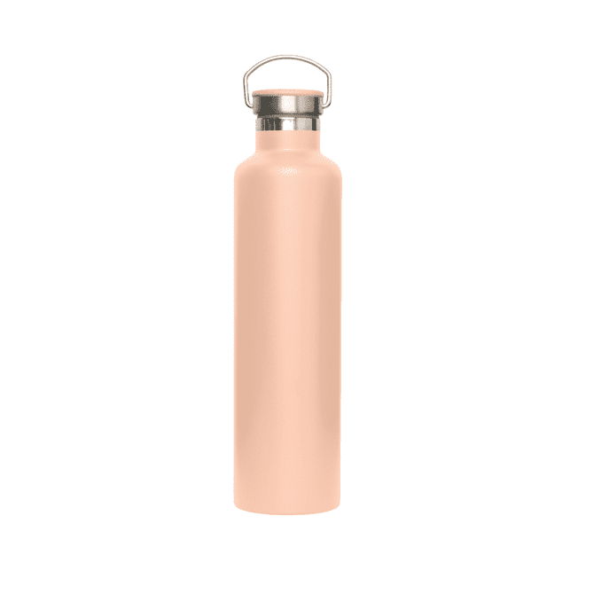 A drink bottle in a soft peach colour with a stainless steel lid and a handle, featuring a logo.