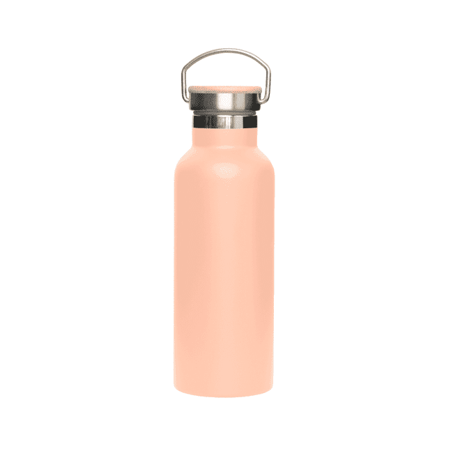 A drink bottle in a soft pink hue with a stainless steel lid and a metal handle. It features a logo.