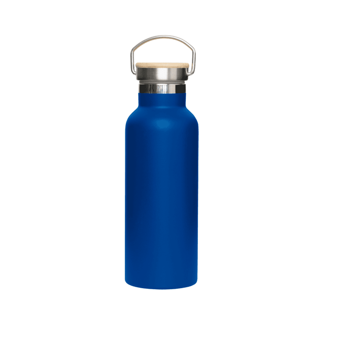 A drink bottle in vibrant blue with a stainless steel body and a bamboo lid, featuring a metal handle.