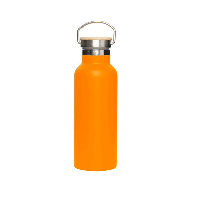 A drink bottle in vibrant orange with a stainless steel base and bamboo lid, featuring a metal handle and logo.