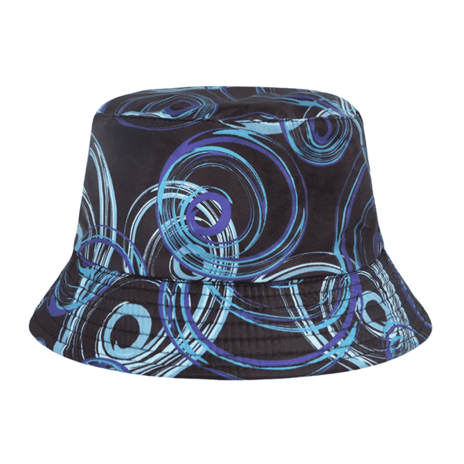 A bucket hat featuring a swirling blue and black design with a comfortable wide brim and a logo.