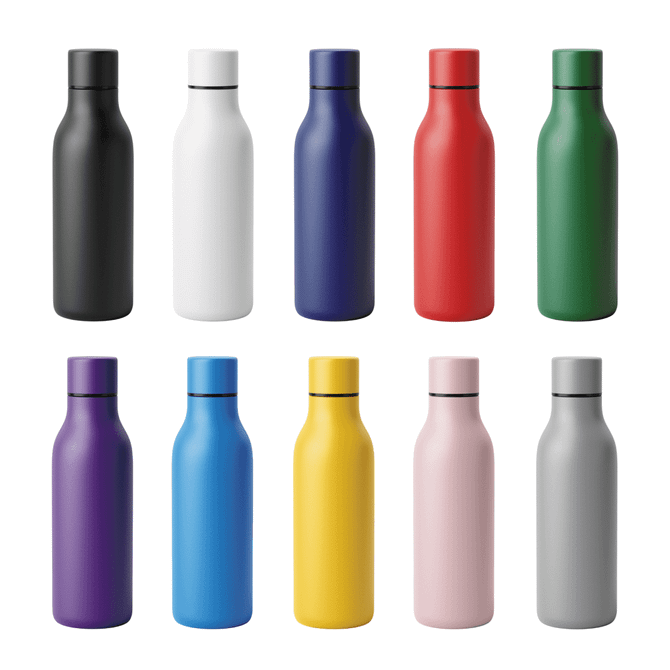 A drink bottle collection featuring black, white, navy, red, green, purple, blue, yellow, pink, and grey designs. Each bottle has a logo.