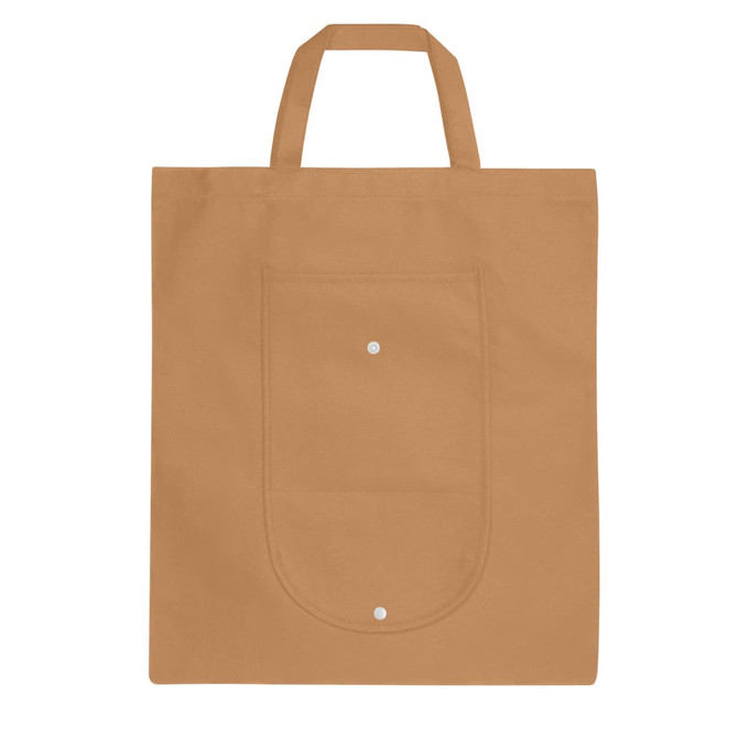 A foldable non-woven shopping bag in a tan colour, featuring a front pocket and handles. It has a small logo.