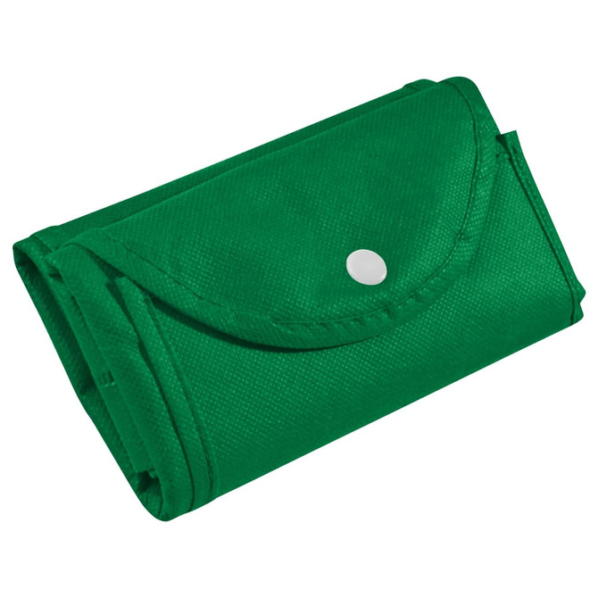 A green foldable non-woven shopping bag, neatly folded and secured with a snap button, featuring a logo.