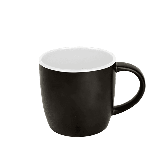 A coffee mug with a matte black exterior and a white interior, featuring a handle and a simple design.
