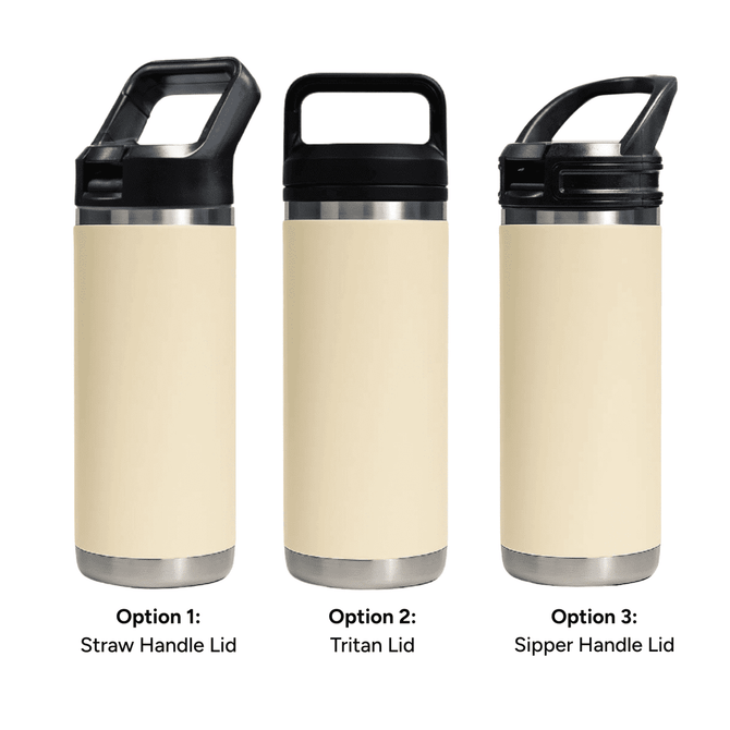 A drink bottle featuring three lid options: straw handle, Tritan, and sip handle, in a cream shade with a stainless steel base.