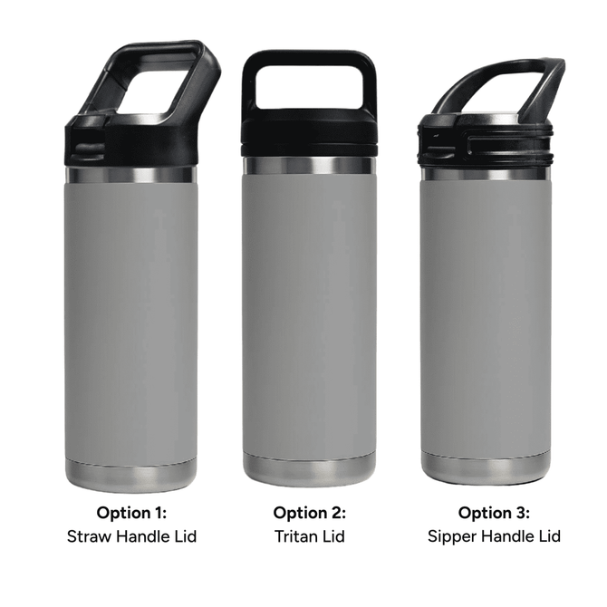 A drink bottle featuring a sleek grey design with three different lid options: a straw handle, Tritan lid, and sipper handle.