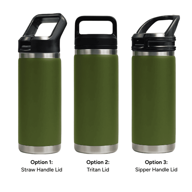 A drink bottle in green with three lid options: straw handle lid, Tritan lid, and sipper handle lid.