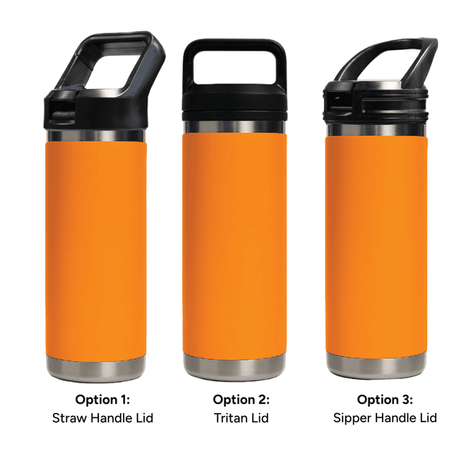 A drink bottle featuring a vibrant orange body and three different lid options: straw handle, tritan, and sipper handle.