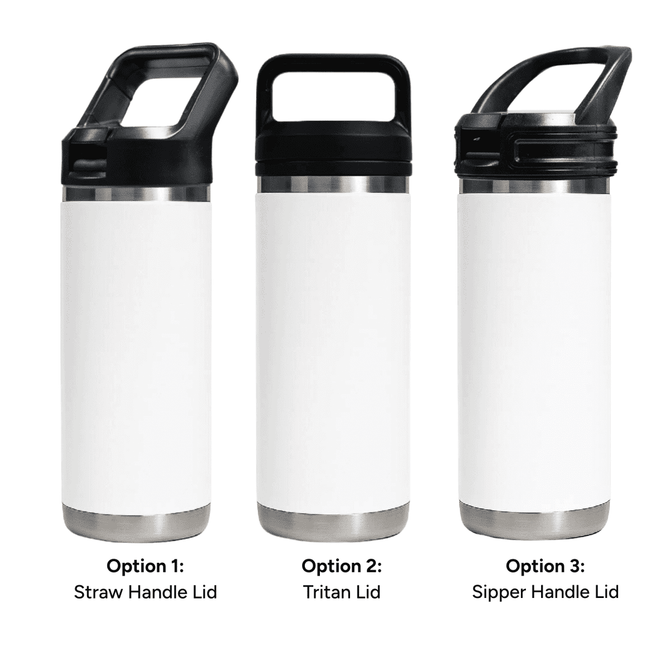 A drink bottle featuring three lid options: a straw handle lid, a Tritan lid, and a sipper handle lid, in white and stainless steel.