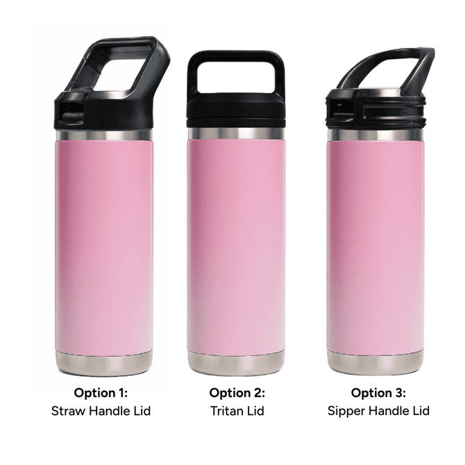 A drink bottle featuring a pink exterior and three lid options: straw handle, Tritan, and sipper handle.