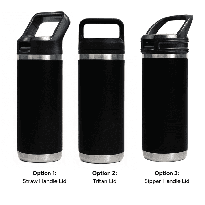 A drink bottle featuring a sleek black design with three different lid options: straw handle, Tritan lid, and sipper handle.