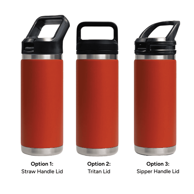 A drink bottle featuring a matte red exterior and three lid options: straw handle, Tritan lid, and sipper handle lid.