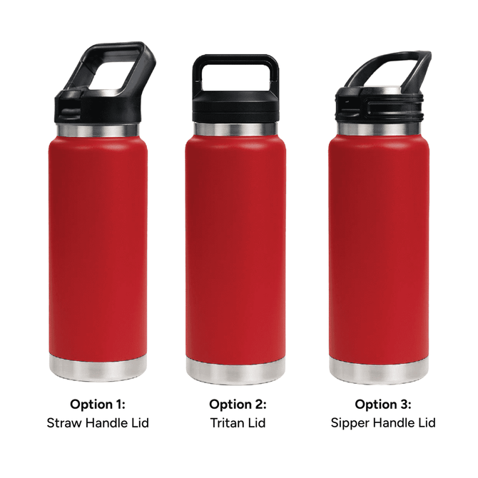A drink bottle featuring a red body and three lid options: straw handle, Tritan, and sipper handle.