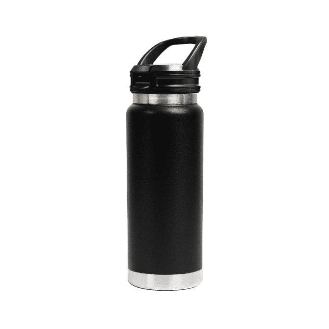 A drink bottle featuring a black body with a stainless steel base and a sipper handle lid, complete with a logo.