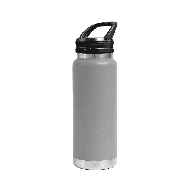 A drink bottle in grey with a stainless steel base, featuring a sipper handle lid and a logo.