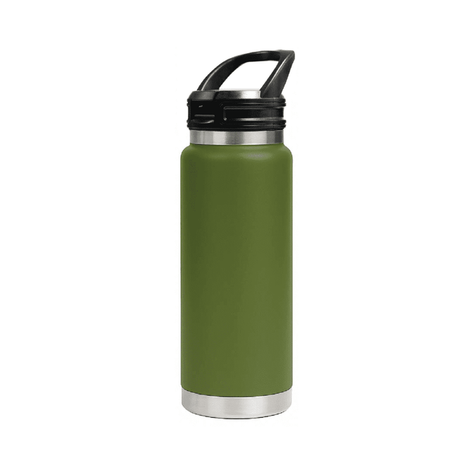 A drink bottle in olive green with a stainless steel bottom and a sipper handle lid. It features a logo.