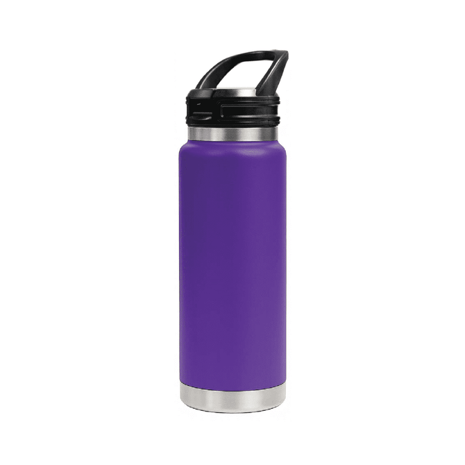 A drink bottle in vibrant purple with a stainless steel base and a sipper handle lid. Features a branding logo.