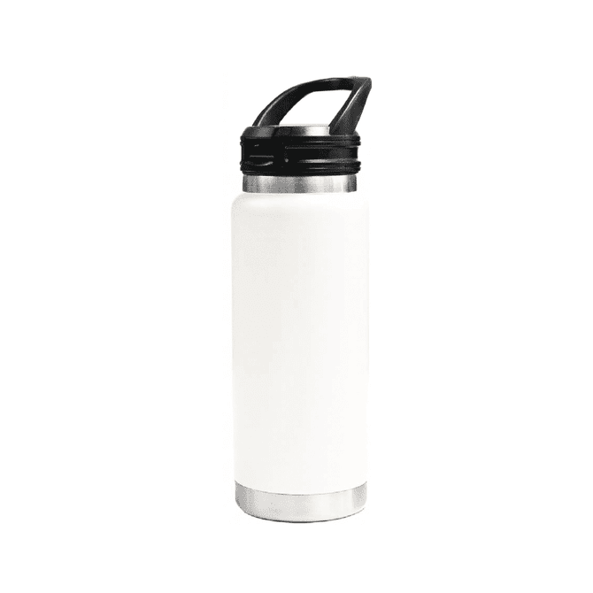 A drink bottle in white with a black sipper handle lid and a silver base, featuring a logo.